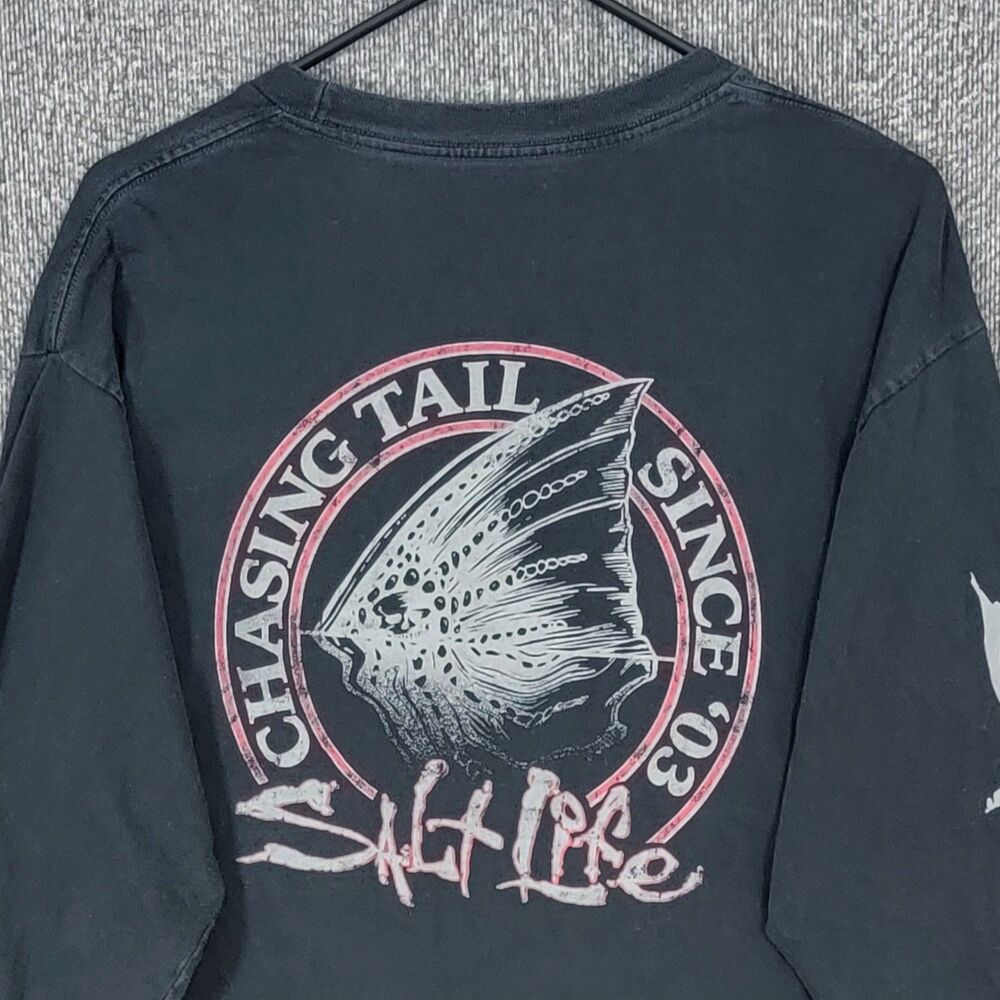 Salt Life T-Shirt Mens Large Black Long Sleeve Chasing Tail Graphic Tee Fish Fin